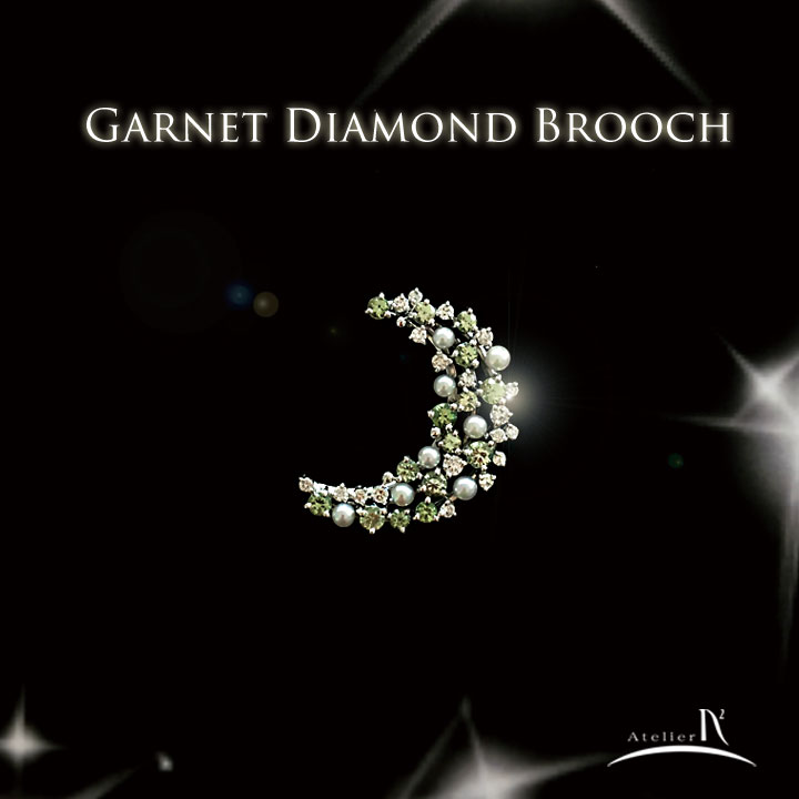 Pt900 Mint Garnet AkoyaPearl Diamond Brooch