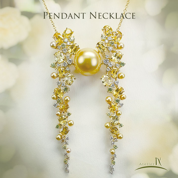 K18 Golden South Sea Cultured Pearl YellowSapphire Diamond Mint Garnet Pearl Pendant Necklace