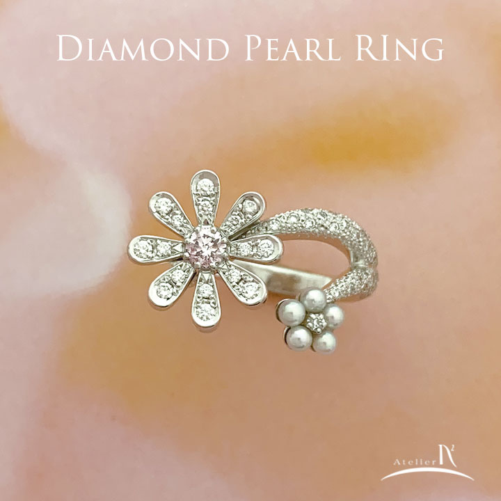 Pt900 PinkDiamond　Diamond Akoya Pearl Ring