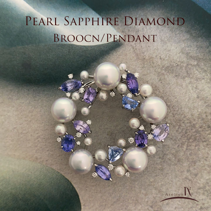 Pt900 Pearl Sapphire Diamond Brooch Pendant