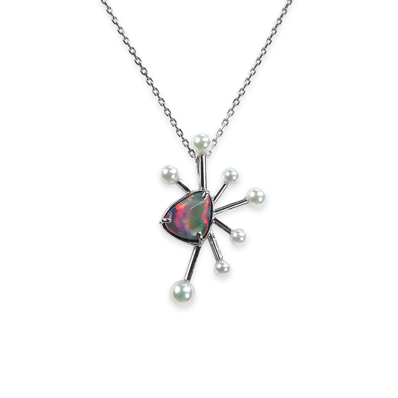 霜星（しもぼし）Pt950ブラックオパール・アコヤ無調色パールペンダントトップ