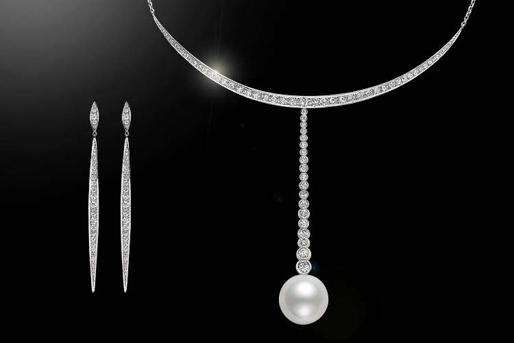 Pt950 White South Sea Cultured Pearl Diamond Pendant Necklace Earrings