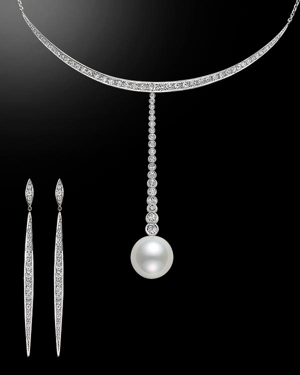 Pt950 White South Sea Cultured Pearl Diamond Pendant Necklace Earrings