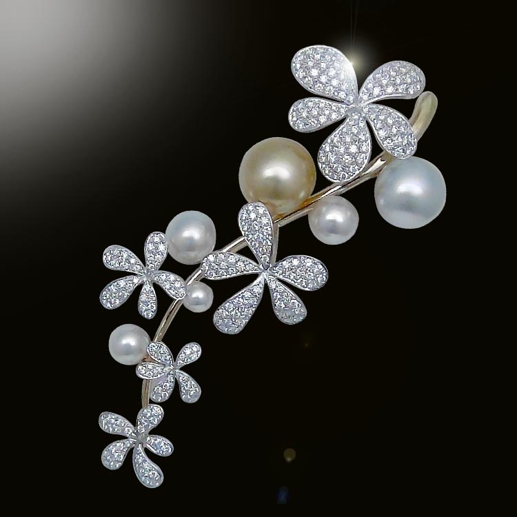 Pt900・K18 Pearl Diamond Brooch