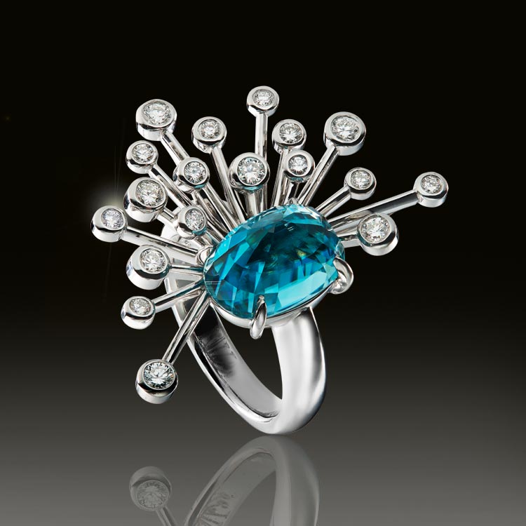 Pt900 Blue Zircon Diamond Ring