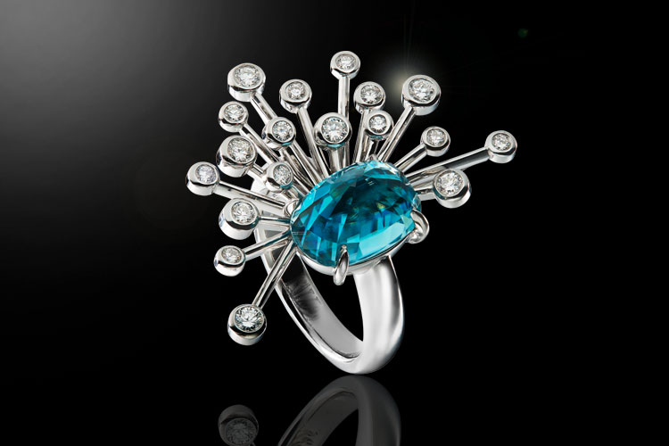 Pt900 Blue Zircon Diamond Ring