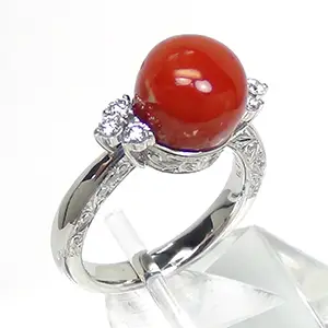 Pt900 血赤サンゴ ダイヤモンド リング