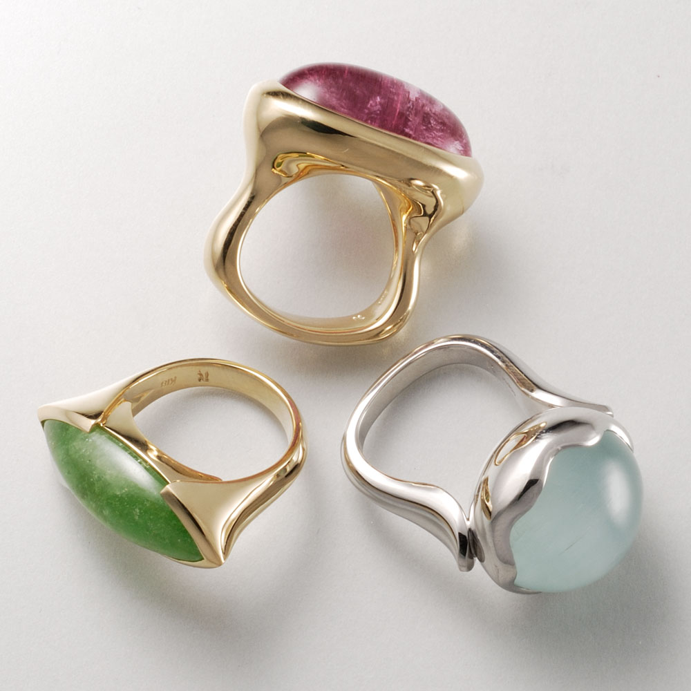 K18 Pink Tourmaline Ring・K18 Green Garnet Ring・Pt900 Milky Aquamarine Cats Ring