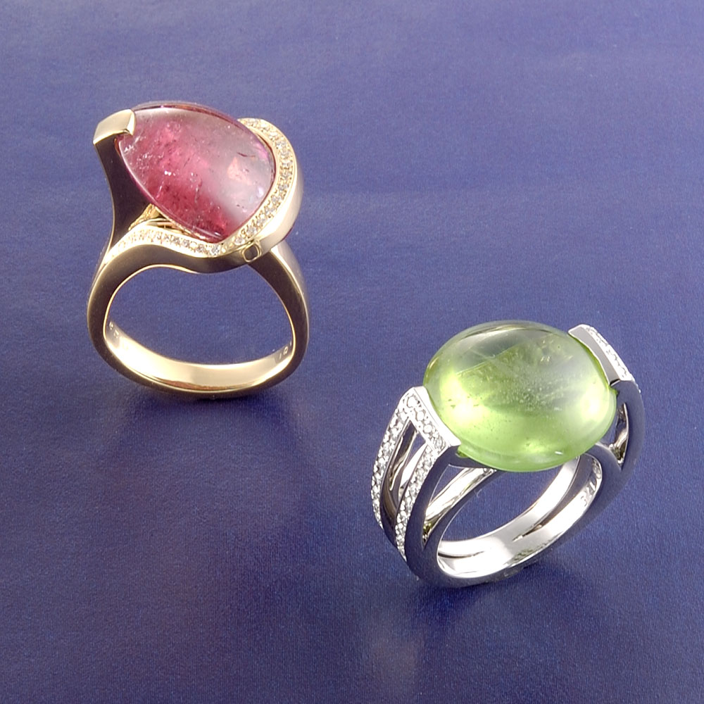 K18 Pink Tourmaline Diamond Ring・Pt900 Peridot Diamond Ring