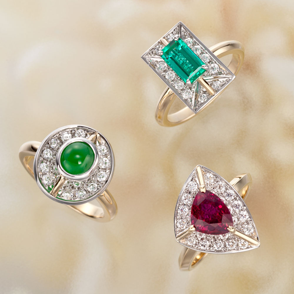 Pt900・K18 Emerald・Jade・Ruby　Diamond Ring