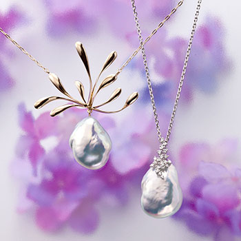 K18 Keshi Pearl Pendant Necklace・Pt Keshi Pearl Diamond Pendant