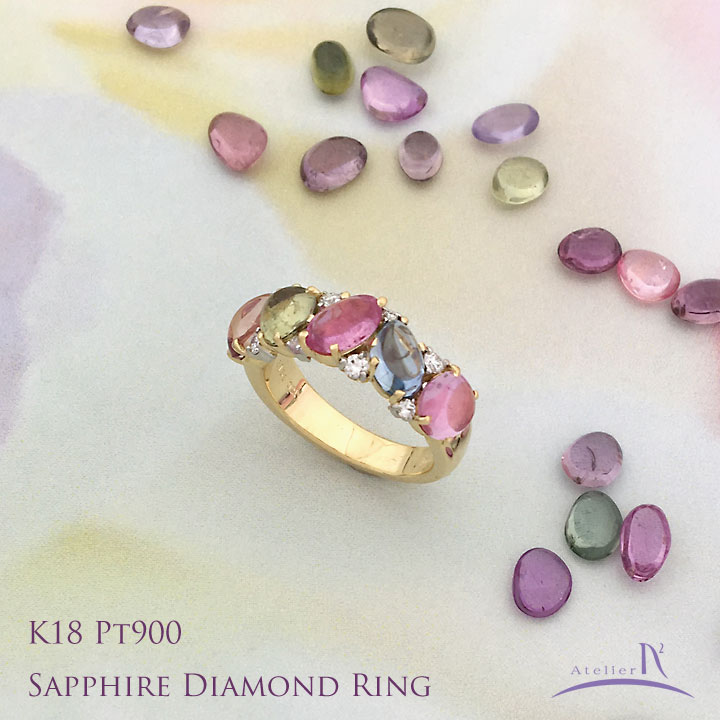 K18 Pt900 Sapphire Diamond Ring
