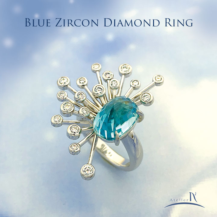 Pt900 Blue Zircon Diamond Ring