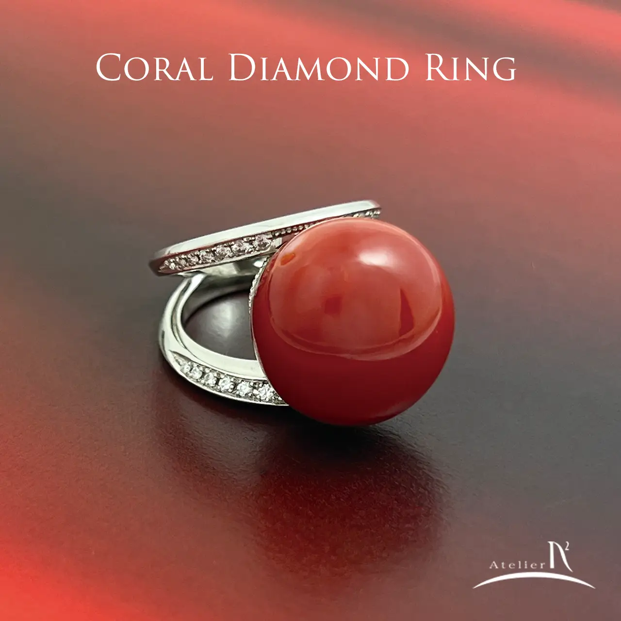 Pt900 血赤サンゴ ダイヤモンド リング